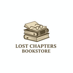 A stack of books, pages, and glasses, with text below. Colors brown, beige, and white