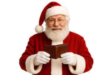 santa claus with gift. Santa opening wallet. Preparing for Christmas shopping.