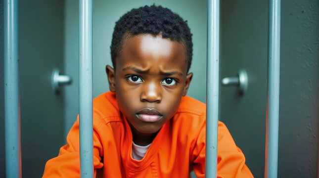 Sad child in orange shirt looks through prison bars with thoughtful eyes, symbolizing injustice, childhood behind bars, social issues, loss of freedom and the need for protection of children's rights