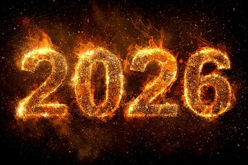 Fiery glowing numerals display the year two thousand twenty six against a dark background