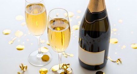 Champagne bottle and two glasses with confetti isolated on white background