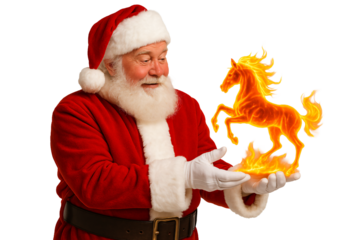 Santa holding a fiery horse — symbol of energy and Christmas magic.
