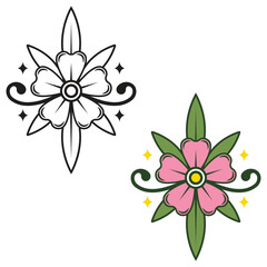 Floral Ornament Vector Illustration – Decorative Pink Flower and Leaf Design, perfect for logos, tattoos, prints, and nature-inspired projects