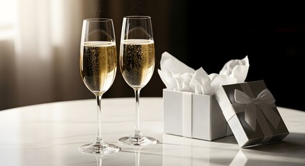 Two glasses of champagne and a gift box with white tissue paper