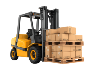 Yellow Forklift Transporting Cardboard Boxes on Pallets isolated on a transparent background