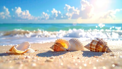 Close up of assorted seashells resting on a sandy tropical beach with turquoise ocean waves and fluffy clouds under bright sunlight