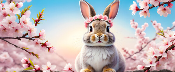Cute bunny wearing flower crown under cherry blossoms. Adorable rabbit surrounded by pink sakura flowers. Spring illustration of rabbit with floral wreath. Lovely rabbit in pastel spring garden scene.
