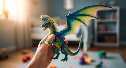 Hand holding a colorful dragon toy in a childs room