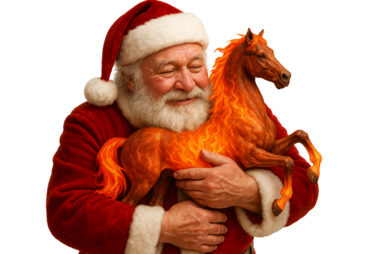 Santa hugging a fiery horse. Strength, love, and Christmas wonder.