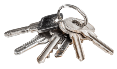 Close-up of a bunch of keys on a metal ring.  Several keys of varying sizes and shapes are clustered together, with some showing signs of wear. The metal key ring is visible