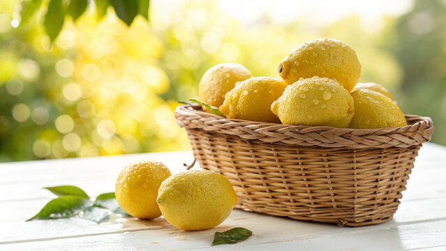 Lemon in wicker basket with water drop on white surface, Lemons in basket in natural warm sunlight background