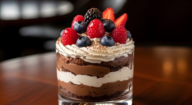 Delicious chocolate dessert with berries and cream parfait in glass gourmet food photography sweet treat - Powered by Adobe