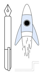 Fountain pen and blue rocket side by side, symbolizing creativity, innovation, growth, and exploration. Ideal for education, design, startups, writing technology productivity simple flat metaphor