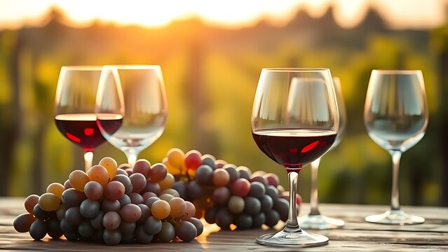 oenology. An elegant wine tasting arrangement with glasses and grapes against a vineyard backdrop. bar promotions, beverage menus, designed for product packaging and bar promotions.