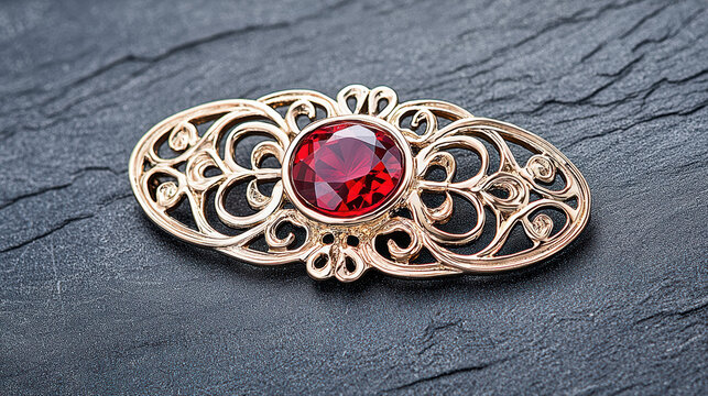 Ornate vintage gold brooch piece of precious jewelry. central ruby gemstone symbolizes deep and fiery passion