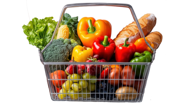 Supermarket cart with fresh groceries on transparent background