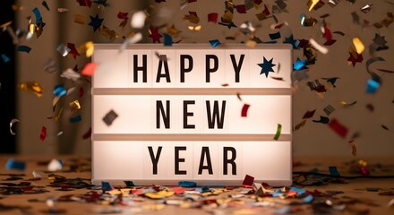 Happy new year illuminated sign with falling confetti