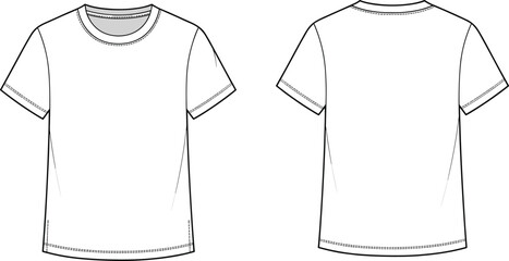 Plain white t-shirt front and back view, fashion flat sketch, apparel template, crew neck tee, garment design, vector illustration