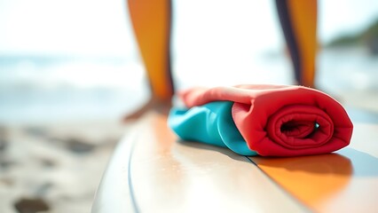 rashguard. A colorful rolled-up rashguard resting on a surfboard at the beach. event key visuals, club posters, designed for fitness apps and gym onboarding, drives event promotion.