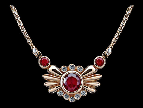 Precious gold ruby necklace jewelry with diamonds symbol of love and passion on black background for elegance