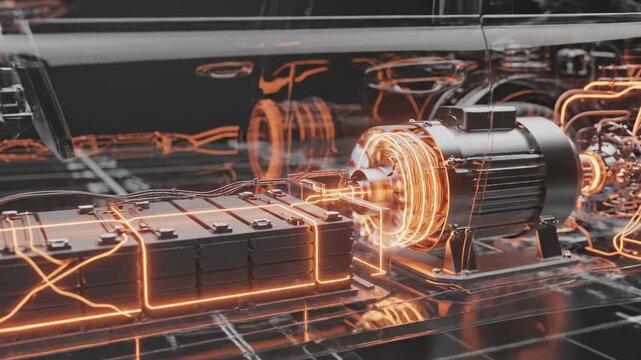 Detailed view of an electric car's powertrain with the engine running and charging the battery pack, showcasing the flow of energy through the vehicle's internal components and systems
