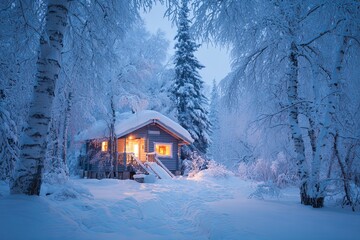 Cozy wooden cabin nestled deep within a frosted winter forest at twilight