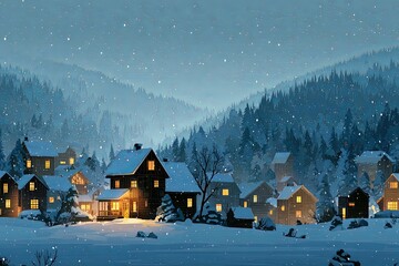 Cozy wooden cabins nestle in a snowy valley during a winter snowfall.