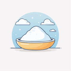 Fototapeta premium A mound of fluffy white powder sits in a golden bowl under a light blue sky with scattered clouds and stars.