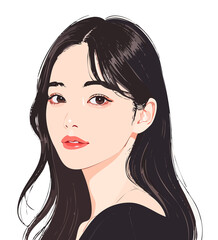 軽く微笑むロングヘアの女性のおしゃれな手描きイラスト素材