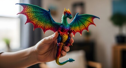 Hand holding a colorful rainbow dragon figurine with detailed wings