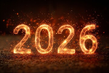 Glowing numerical inscription of the year two thousand twenty six emanates brilliant sparks against a dark background