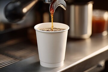 Freshly brewed dark beverage streams into a disposable cup from a metal dispenser