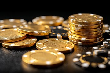 Stacked golden tokens rest on a dark surface surrounded by scattered similar currency markers