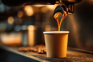 Fresh espresso is extracted from a professional machine spout into a disposable cup