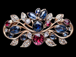 Precious gold brooch with ruby and sapphire classic jewelry piece evoking timeless elegance and passion