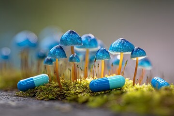 Vibrant blue fungi cluster beside pharmaceutical capsules resting on mossy ground