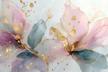Abstract flowing shapes combine pastel colors with shimmering gold accents