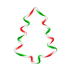 Festive illustration of a Christmas tree frame, formed by a glossy, twisted candy cane-style ribbon with red, green, and white stripes