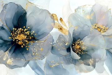 Abstract depiction of layered blue floral forms enhanced with shimmering gold accents