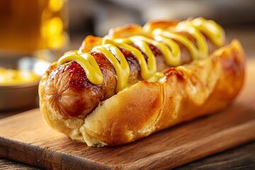 Grilled sausage in a bun generously topped with bright yellow condiment rests on a wooden surface