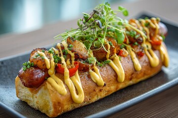Gourmet sausage served in a toasted bun with premium toppings and mustard drizzle
