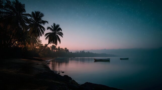 A serene tropical bay at twilight with palm trees and boats under a starlit sky