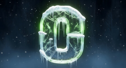 Glowing zero covered in ice stands on a dark snowy background. Suitable for winterthemed designs and abstract concepts. Conceptual winter zero ice glow dark snow abstract design element background ill