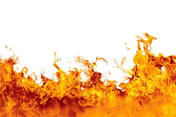 Intense vibrant orange and yellow flames rise across the bottom edge against a stark white background