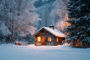 Rustic wooden dwelling glows warmly surrounded by snow-covered forest landscape at twilight