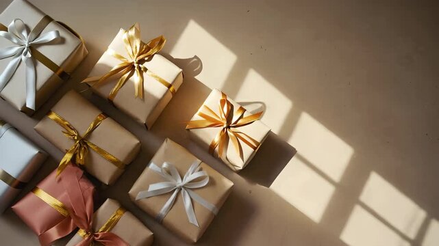 Sunlight moving across gift boxes with golden and white ribbons