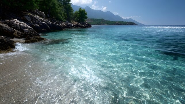Crystal clear turquoise sea laps gently onto a serene sandy beach beside rocky cliffs and green foliage under a blue sky