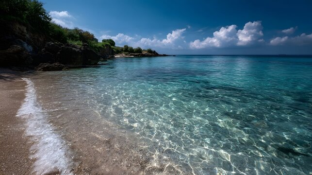Serene tropical beach with crystal clear turquoise ocean water and rocky coastline under a bright blue sky