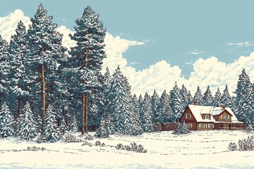 Rustic dwelling nestles amongst tall snow-covered evergreen trees under a bright, cloudy sky