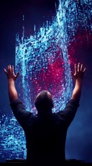 Man Reaching Toward Digital Vortex of Light and Data